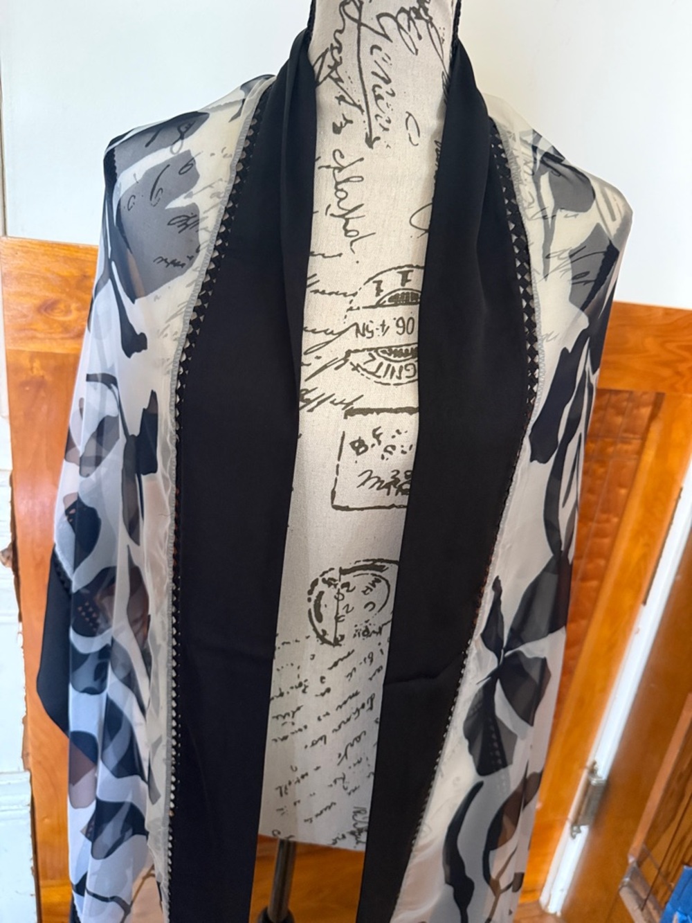 BCBG Chiffon Black & White Floral Scarf Wrap NWT